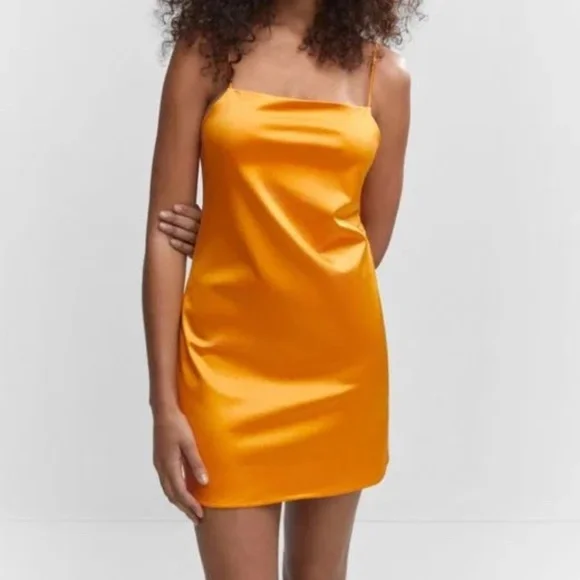 Mango | Dresses | Womens Orange Short Satin Dress | Poshmark